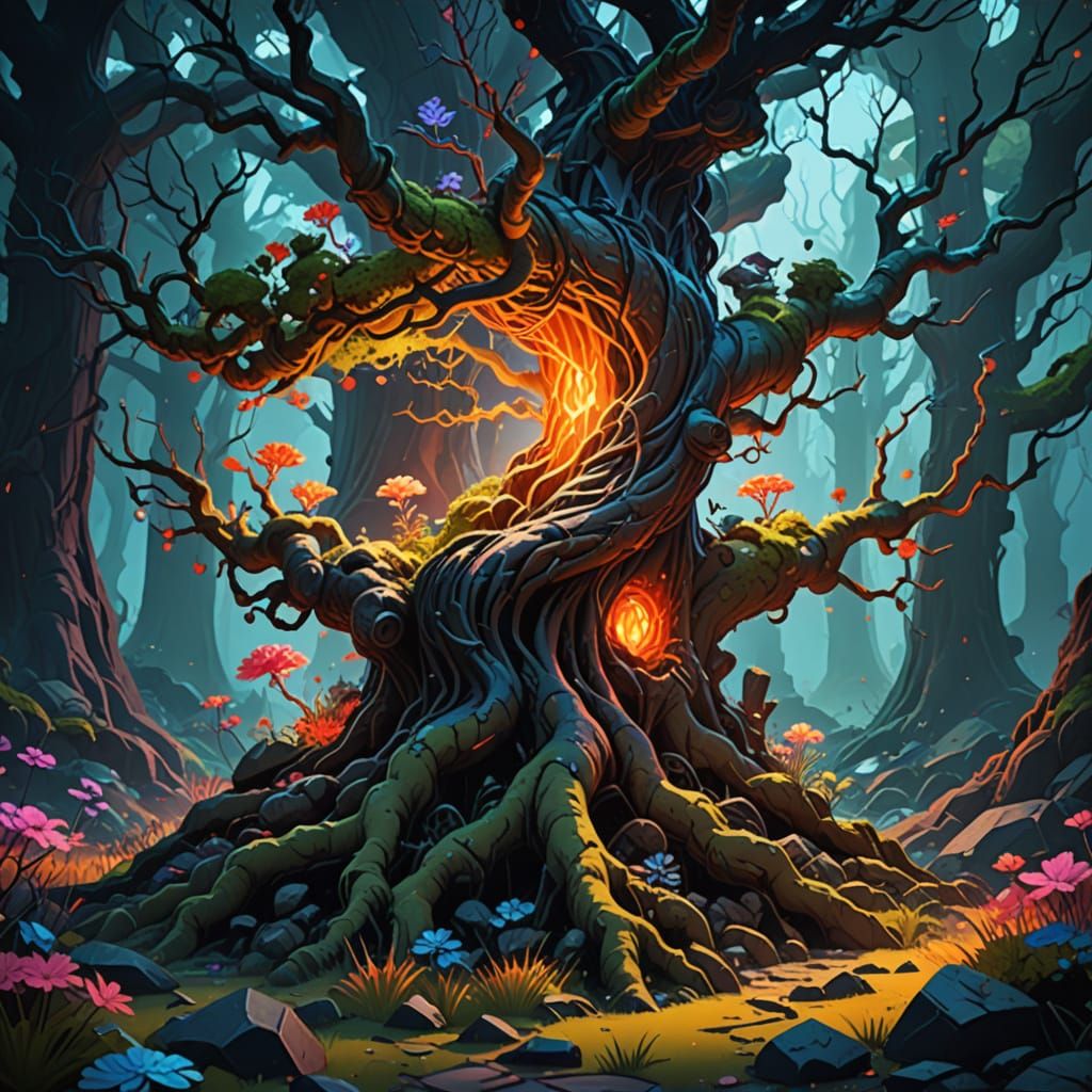 Glowing Tree in Mystical Forest, Pop Art Illustration