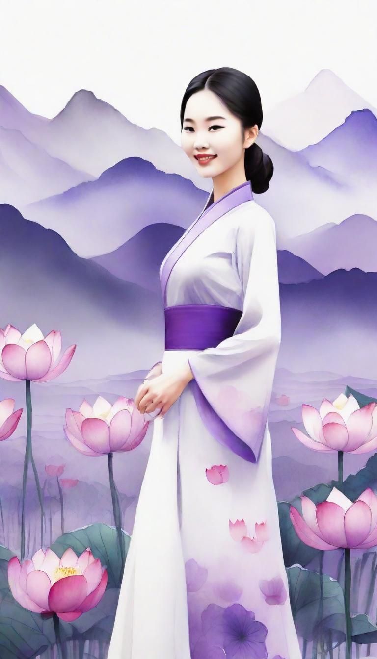 Elegant Woman in Lotus Field: Chinese Ink Painting