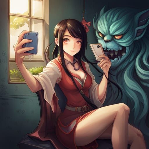 Nurikabe Yokai Selfie in Art Nouveau Style