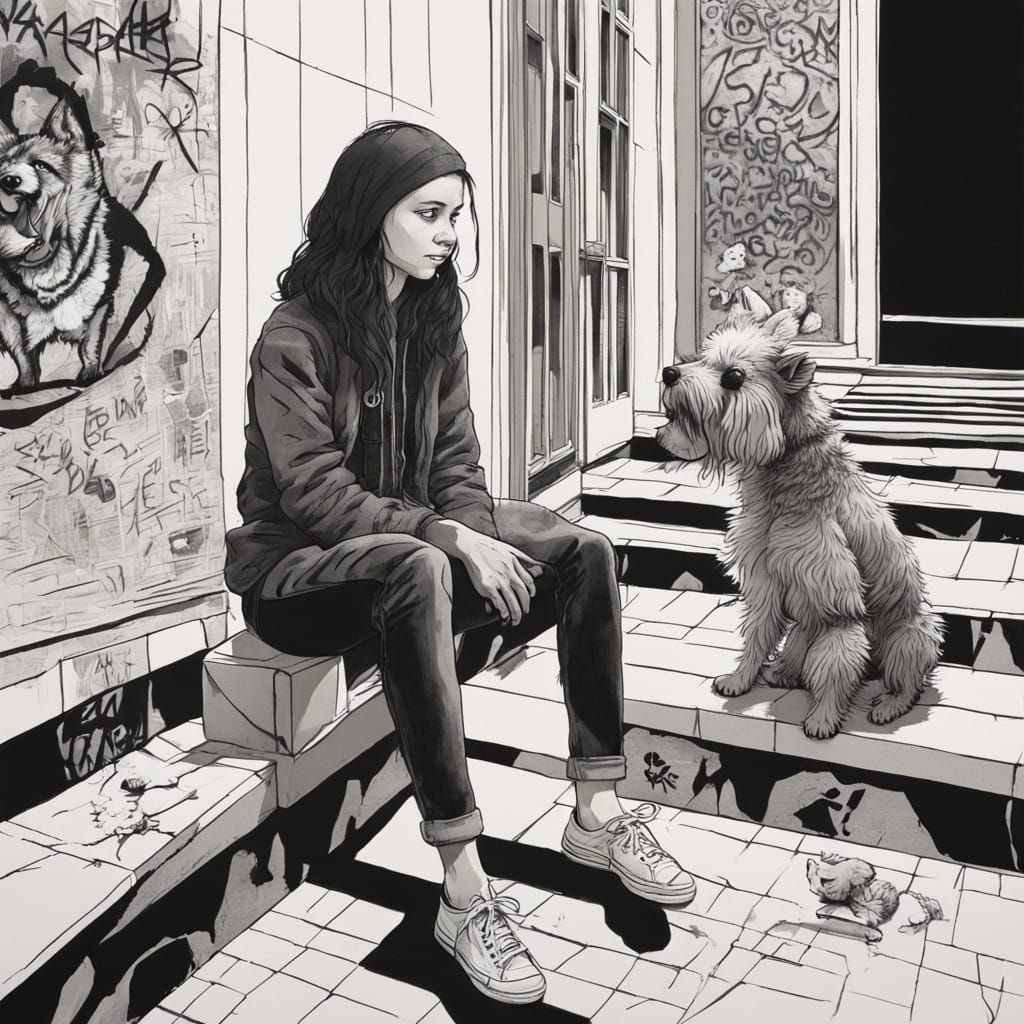 Urban Girl Teases Scruffy Terrier in Gritty Charcoal Portrai...