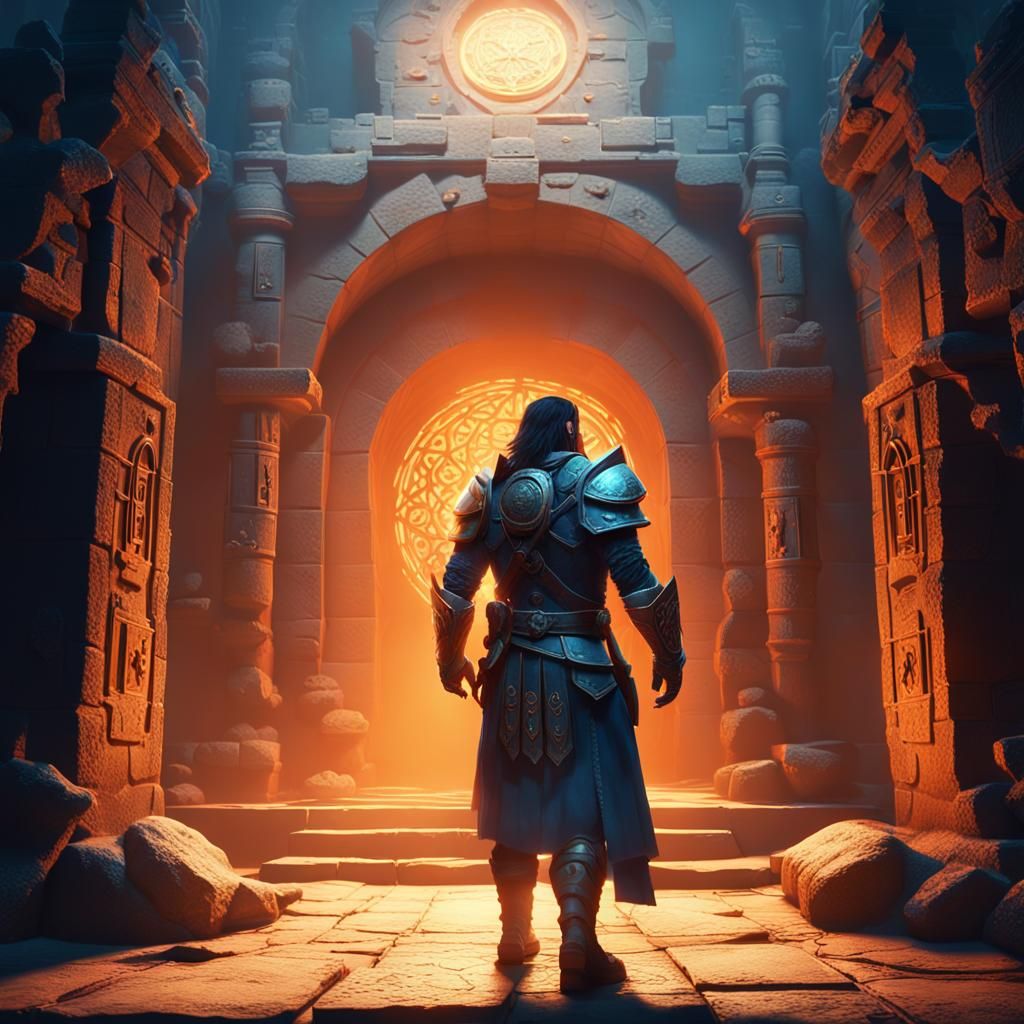 Heroic Warrior at Dungeon Entrance: Fantasy Concept Art