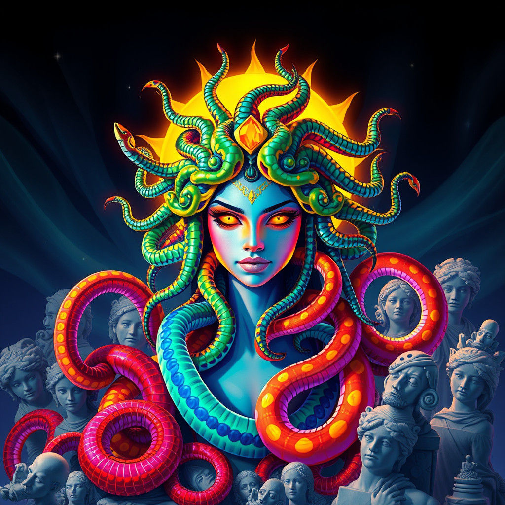Vibrant Medusa with Snakes and Marble Figures