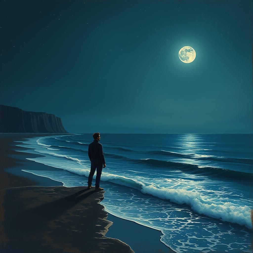 Moonlit Coastline: Surreal Realism Meets Dreamy Seascape