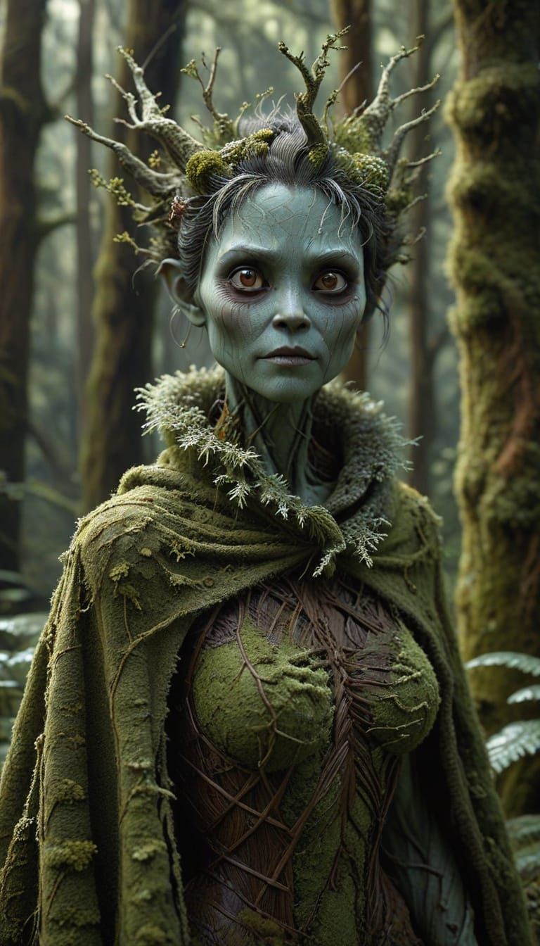 Enchanted Forest Queen in Mysterious Lichen Attire