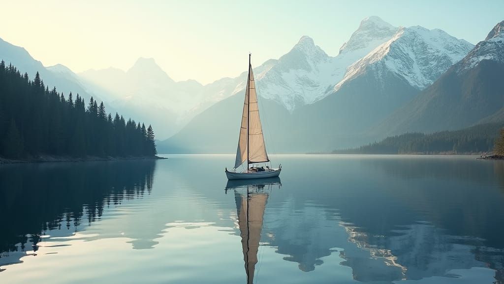 Pumpfoiler on Mirrored Lake with Snow Mountains