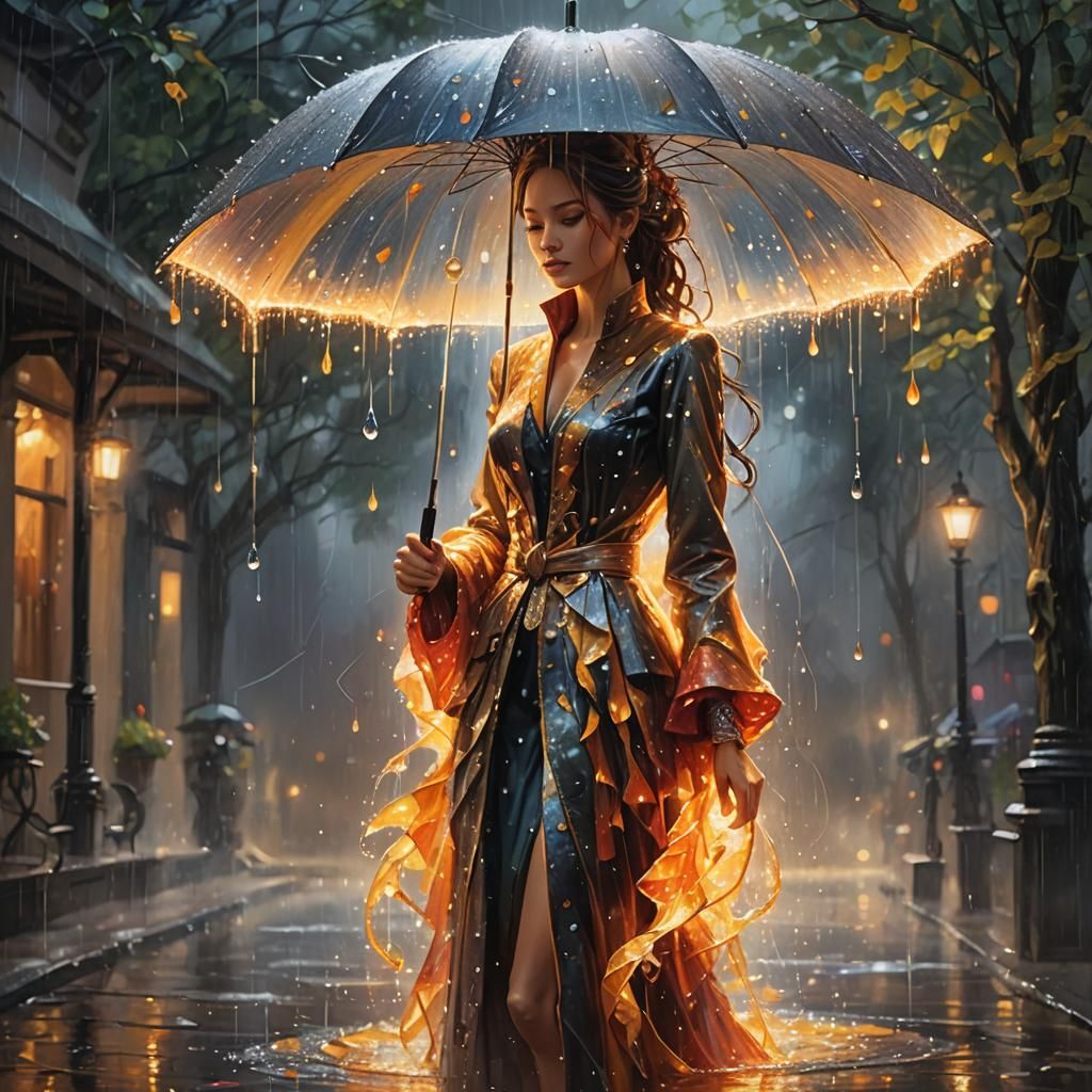 Enchanted Flame Figure with Raindrop Umbrella