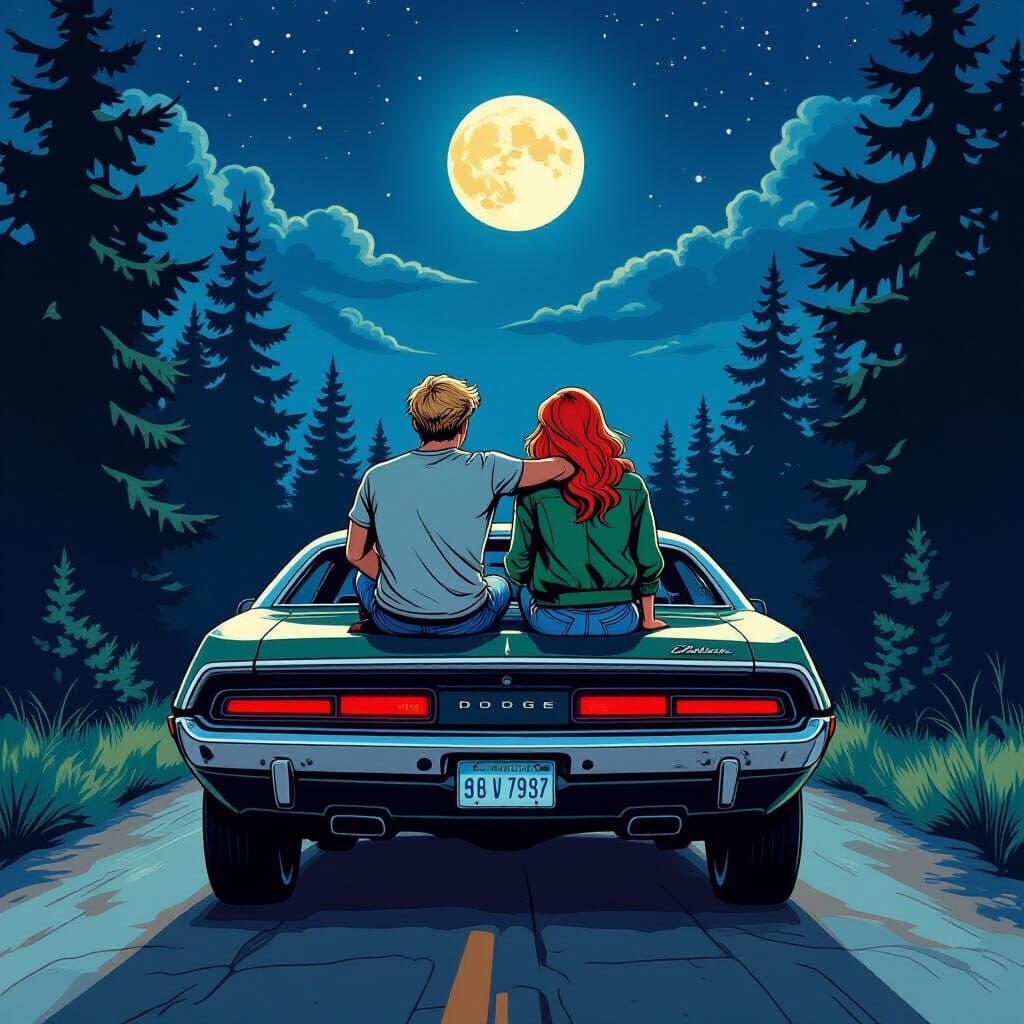 1980s Dodge Challenger in Forest at Night: Comic Style