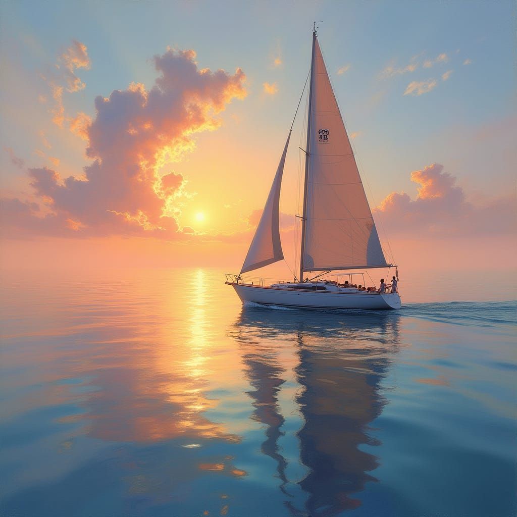 Sailboat Glides Across Calm Waters in Warm Sunset Light