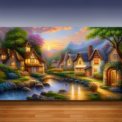 Medieval Village Painting in Lushill Style