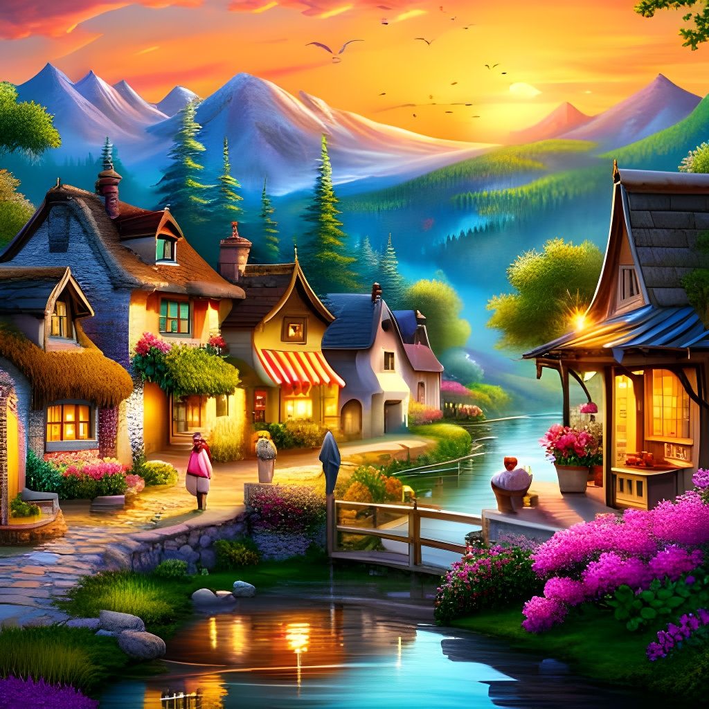 Picturesque Village in Floral Countryside at Sunset