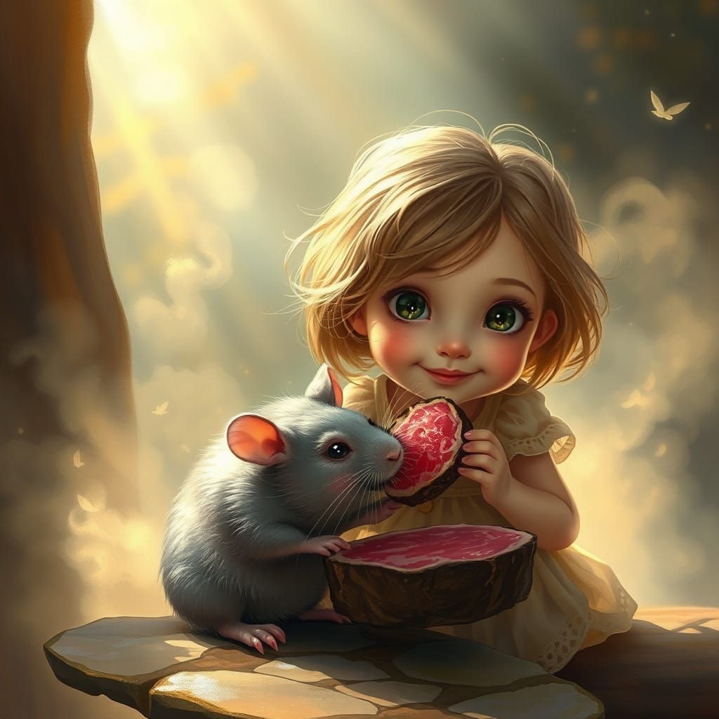 Whimsical Girl and Fluffy Rat Share Beef in Enchanted Scene