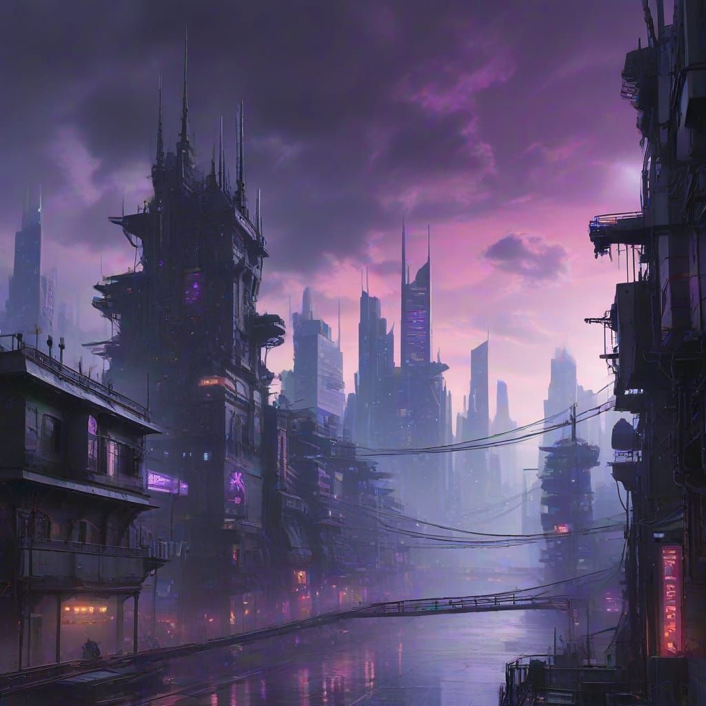 Cyberpunk City Skyline with Vivid Sky
