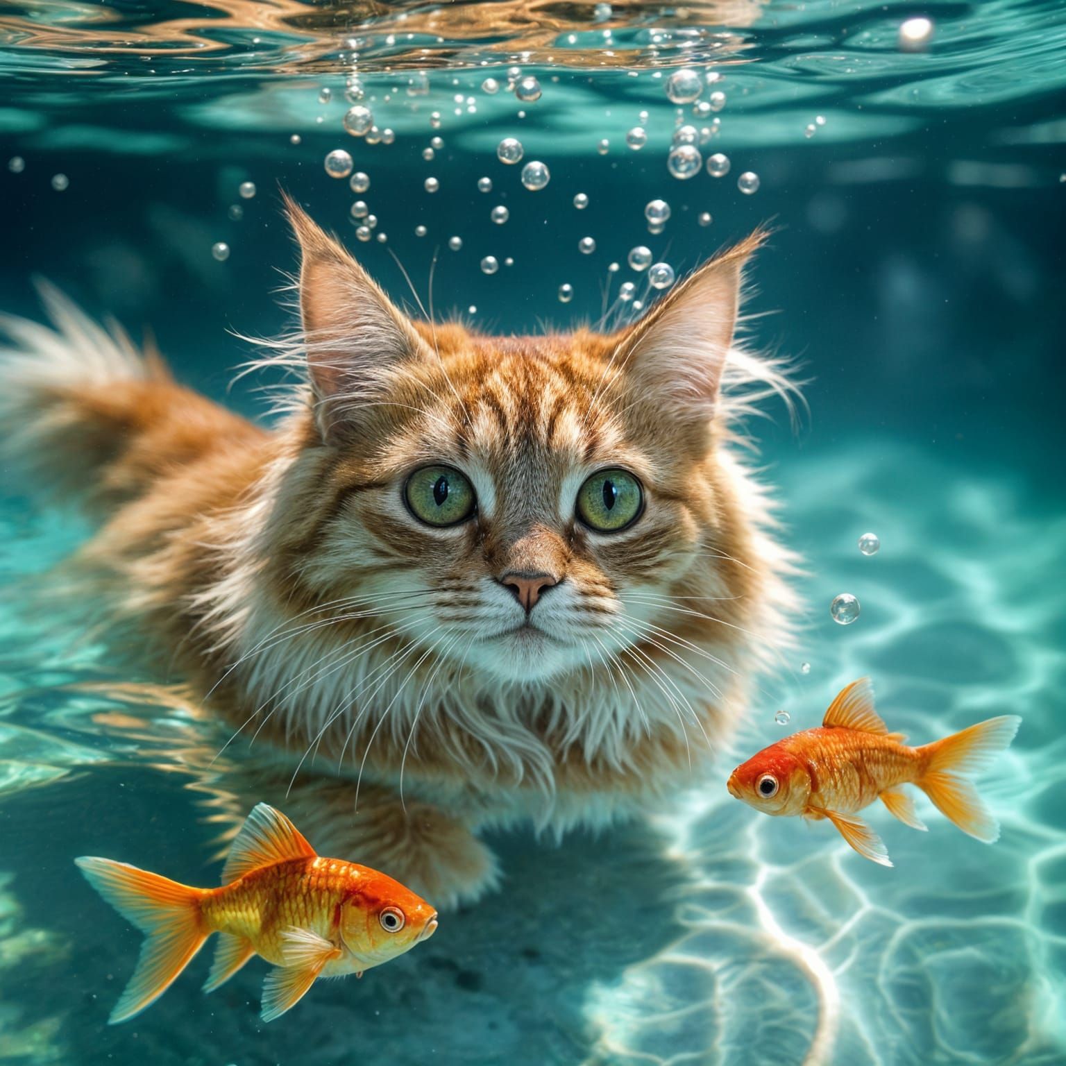 Ginger Cat's Underwater Adventure With Darting Goldfish