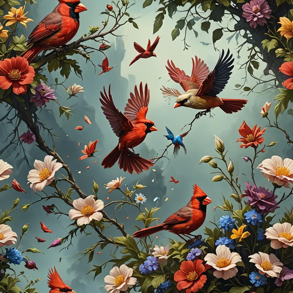 Cardinal in Flight: Detailed Oil Painting