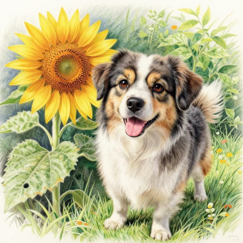 Cute Dog with Sunflower in Garden Drawing
