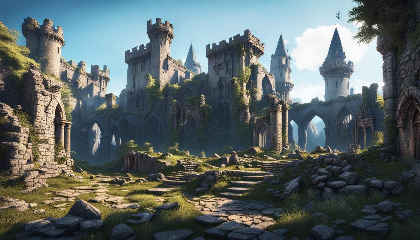 Epic Fantasy Village Ruins in Cinematic Style