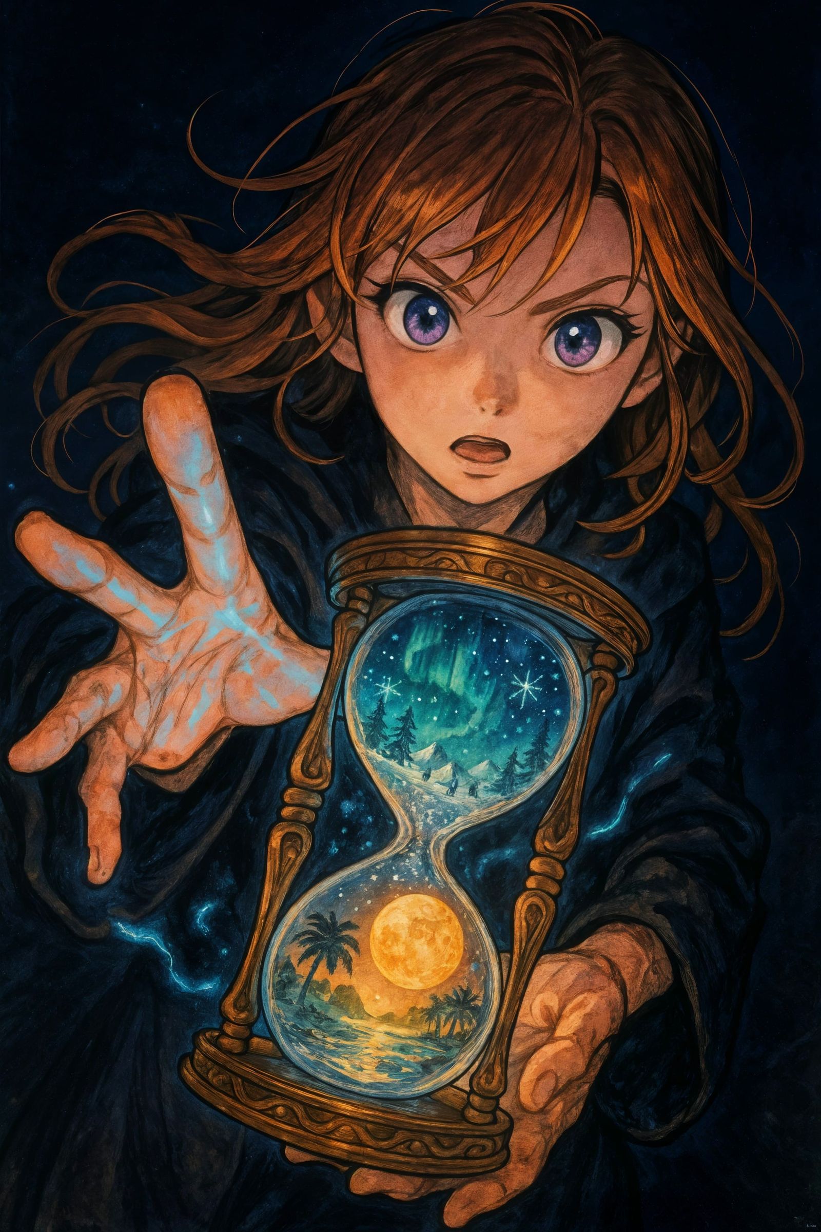 Manga-Inspired Magic Weaver in a Dreamlike Hourglass