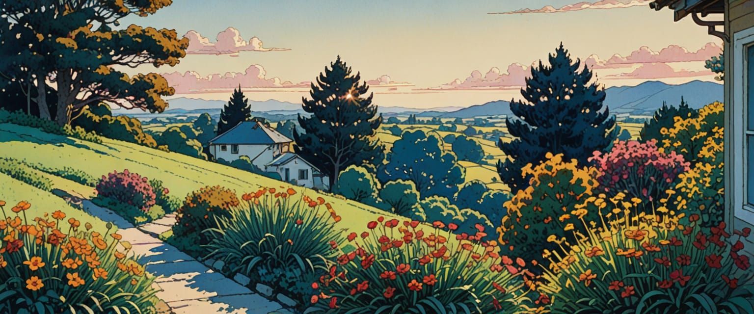 Open Sky View with Exotic Plants in Watercolor