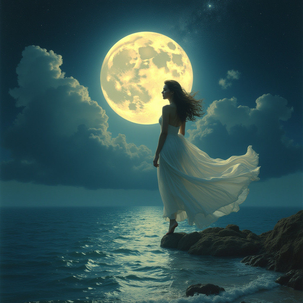 Woman Walking on Ocean Under Moonlight, Magical Realism