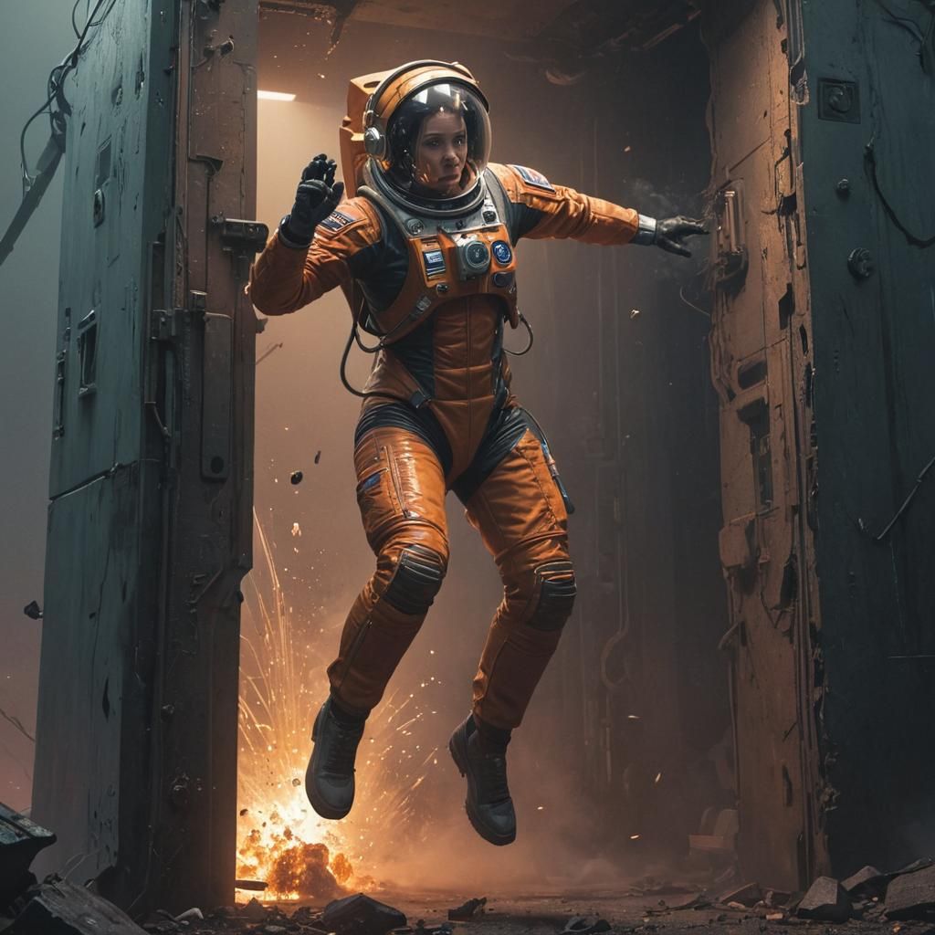 Astronaut Leaping Through Portal in Sci-Fi Illustration