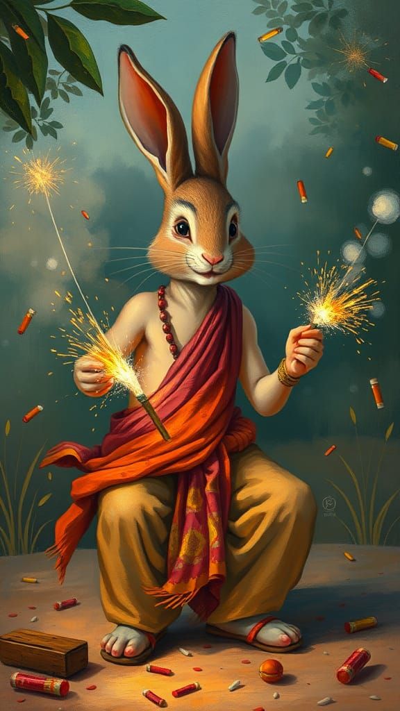 Rabbit Man Celebrates with Crackers: Indian Miniature Style