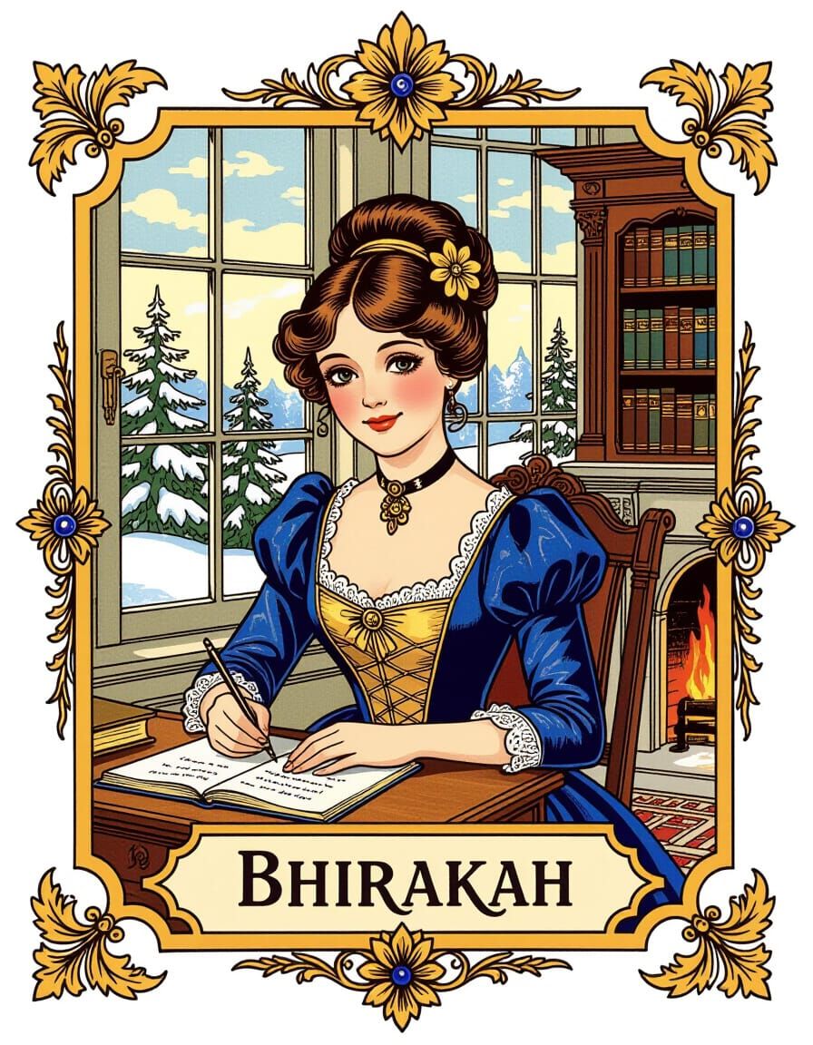 Victorian Logo Emblem of Lady Writing in Snowy Landscape