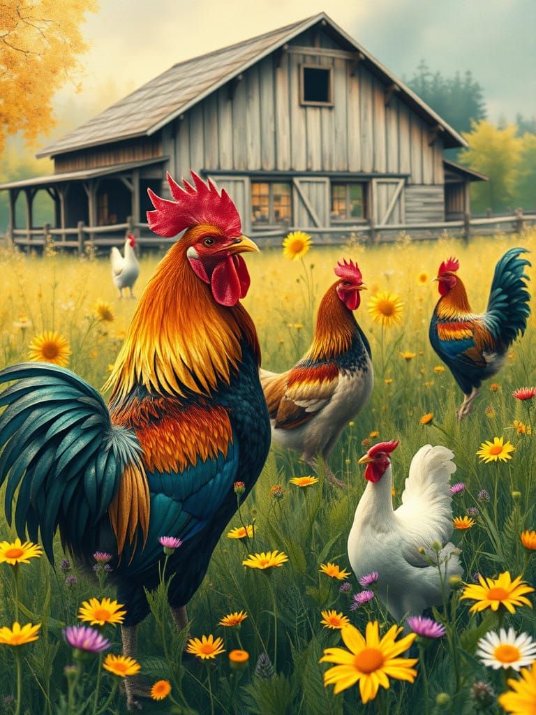 Rustic Rooster and Chickens in Vibrant Wildflower Meadow wit...