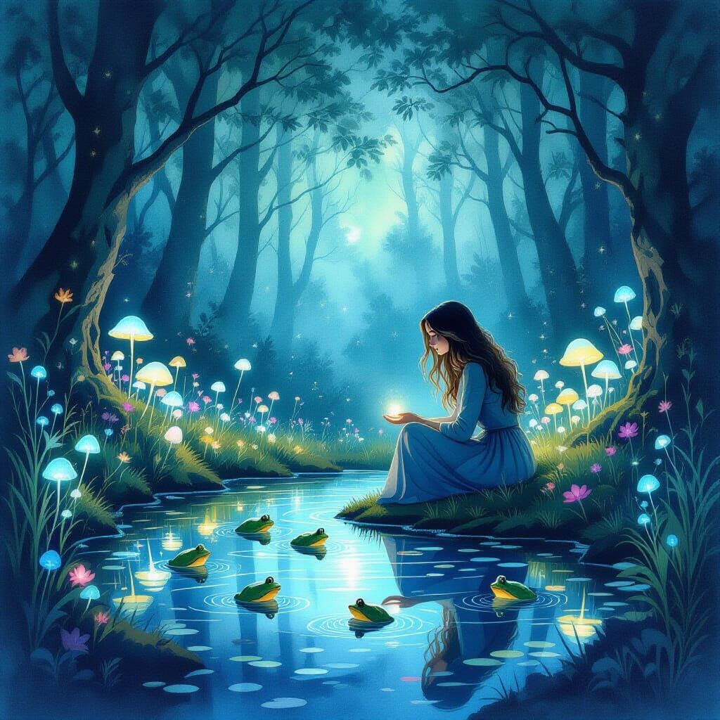 Mystical Forest Twilight With Spectral Frogs