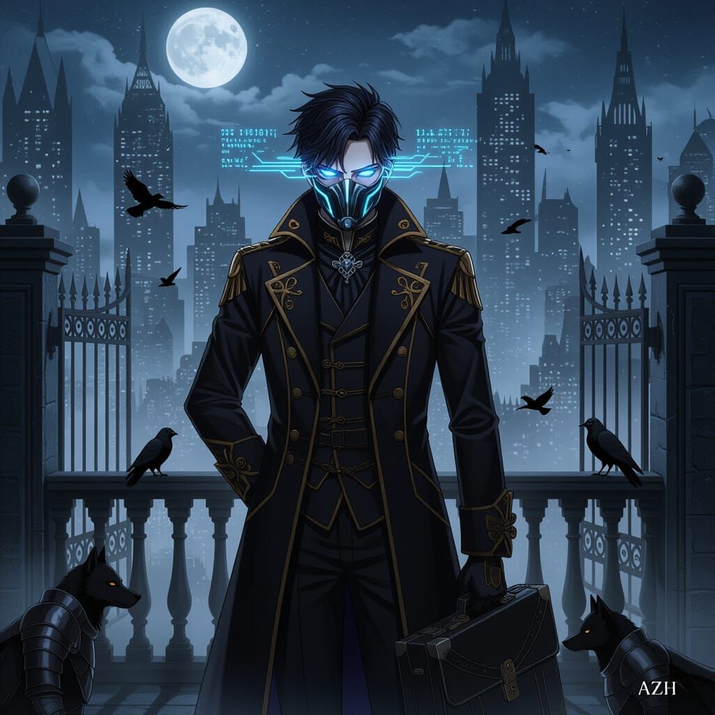 Anime Spy King on Gothic Balcony at Night