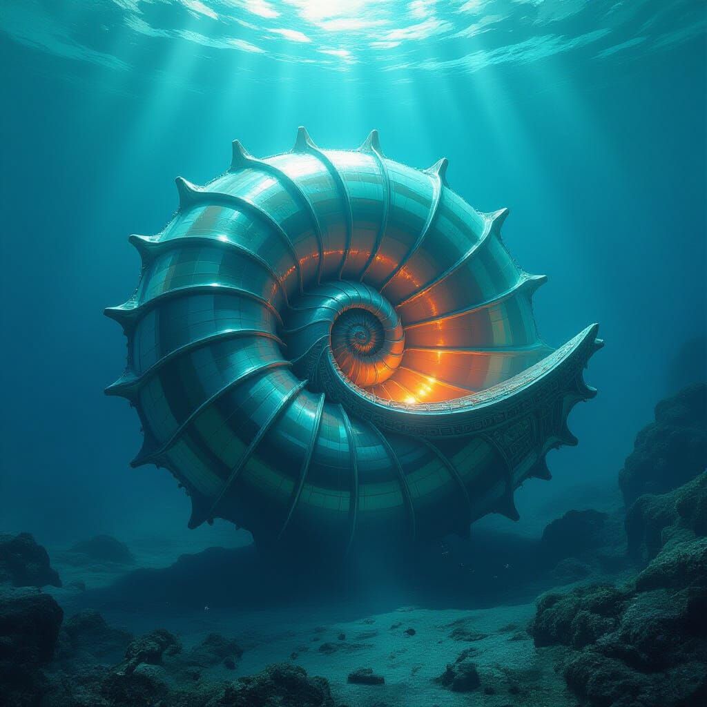 Colossal Nautilus Shell in Abyssal Aetherwater