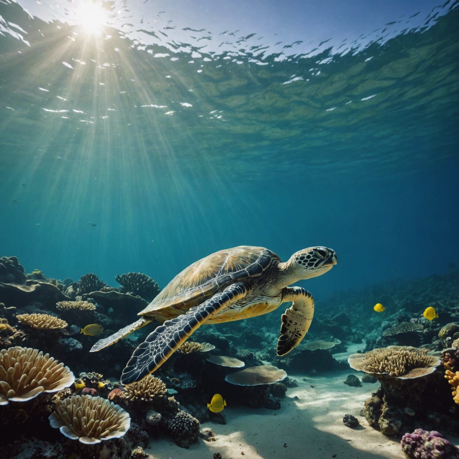 Underwater Scene with Fish, Turtles and Coral