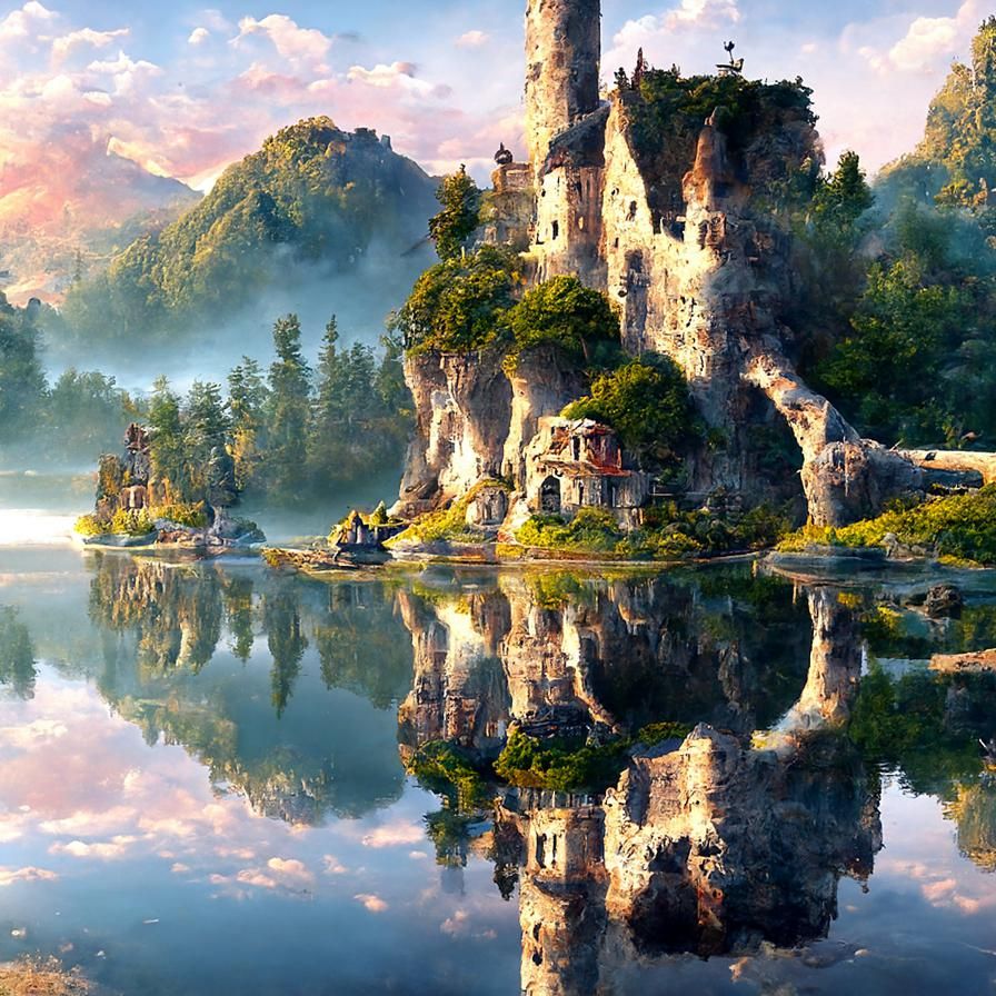 Majestic Castle Reflection: Hyperdetailed Landscape Painting