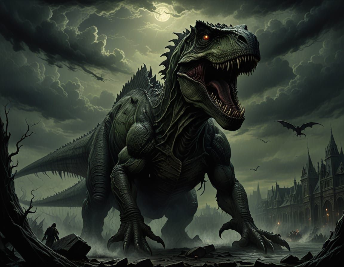 Gothic Horror T-Rex Swoops Down in Dark Stormy Skies