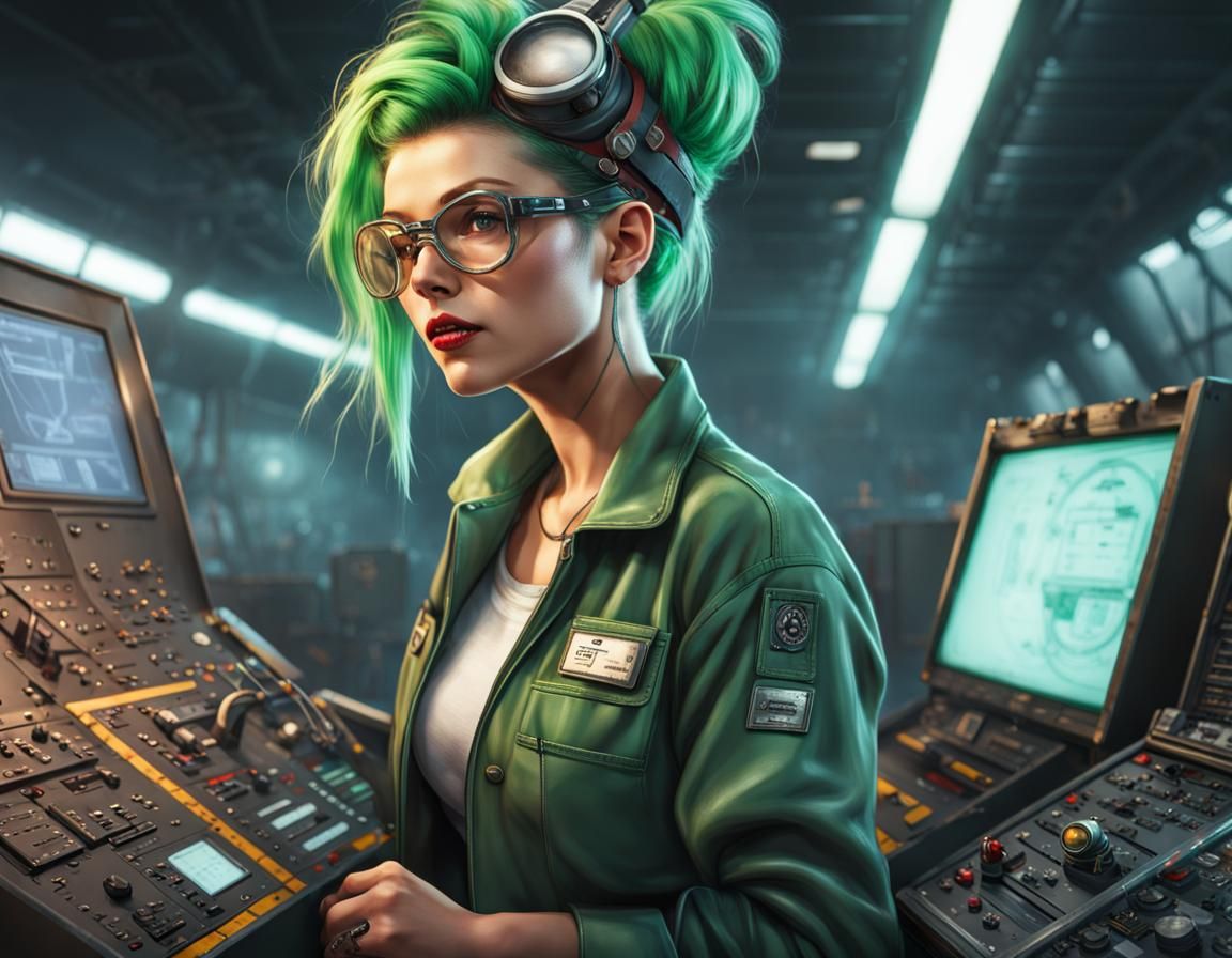 Starship Engineer in Punk Style on Bridge