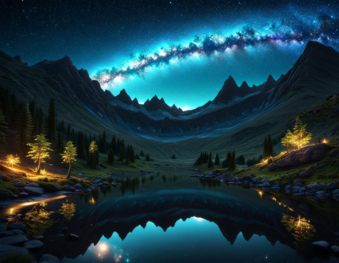 Paradise Mountain River Galaxy Landscape