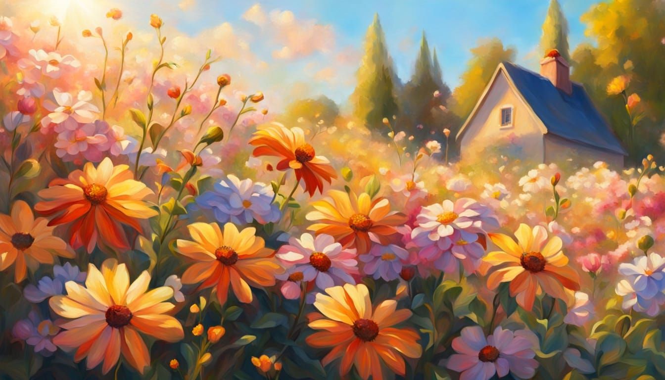 Colorful Flowers in Summer Scenery as Oil Painting