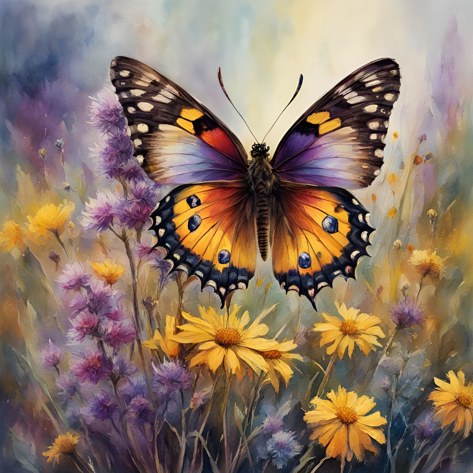 Polychromatic Butterfly on Wildflower, Watercolor Style