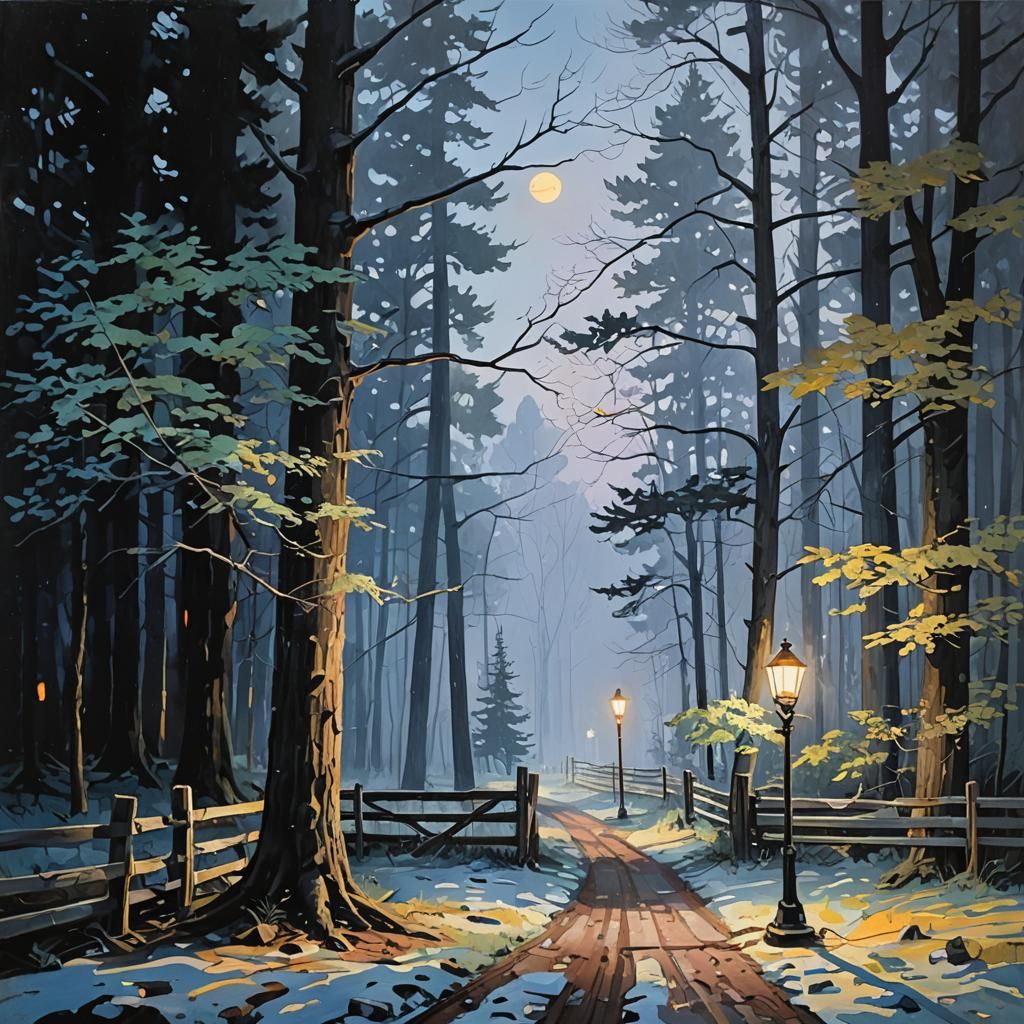 Ethereal Night Forest Tapestry in Oil Painting Style