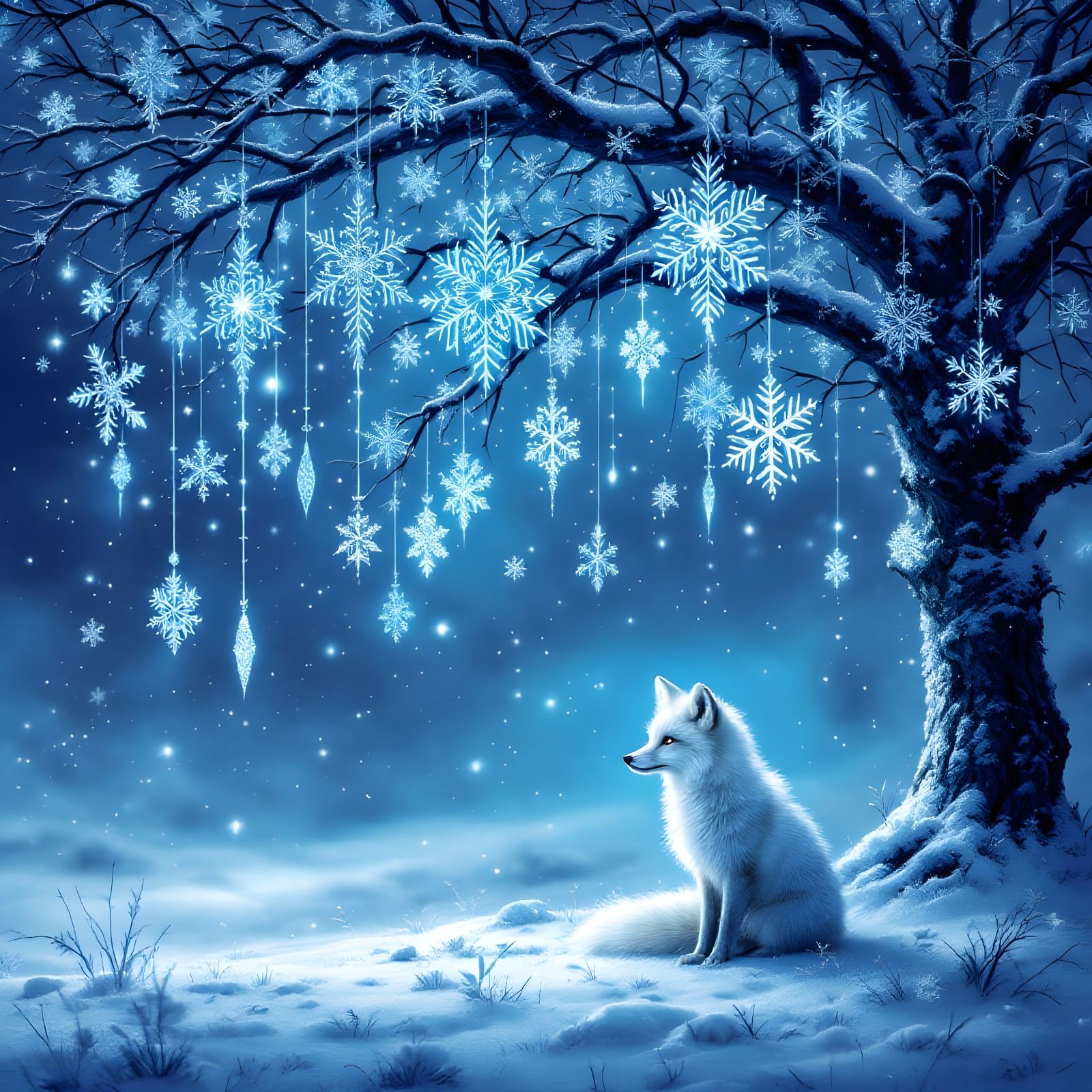 Enchanted Arctic Fox Amidst a Monochromatic Snowy Dreamscape