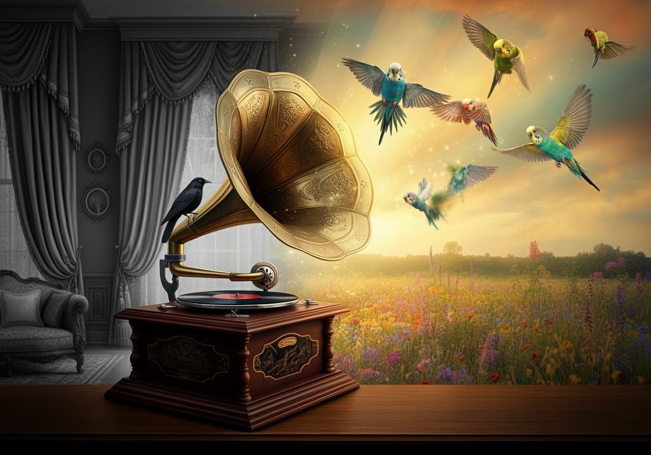 Surreal Phonograph Radiating Color and Music