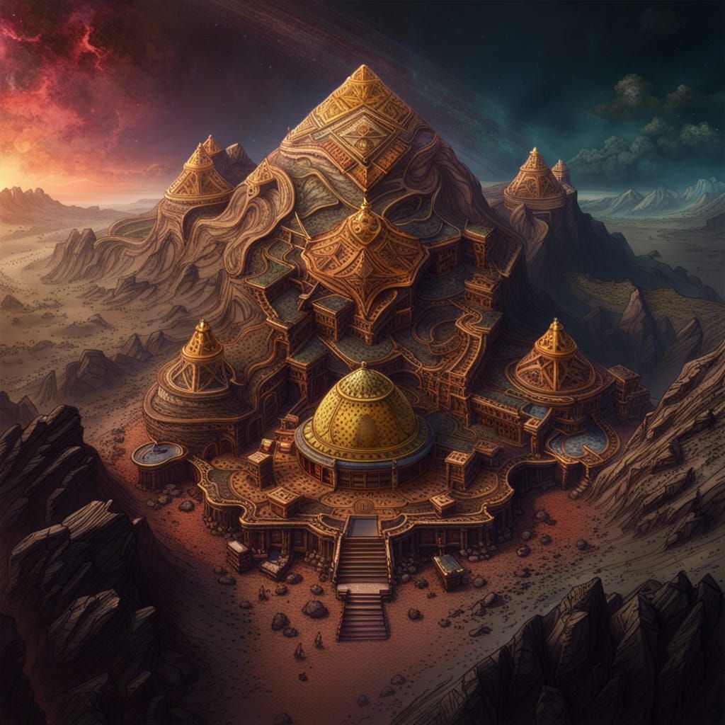 Olympus Mons on Mars with Gold Pyramids