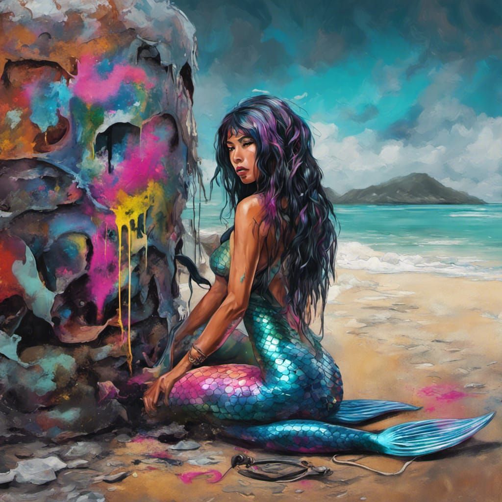 Dark Mermaid Stranded on Caribbean Beach in Graffiti Style