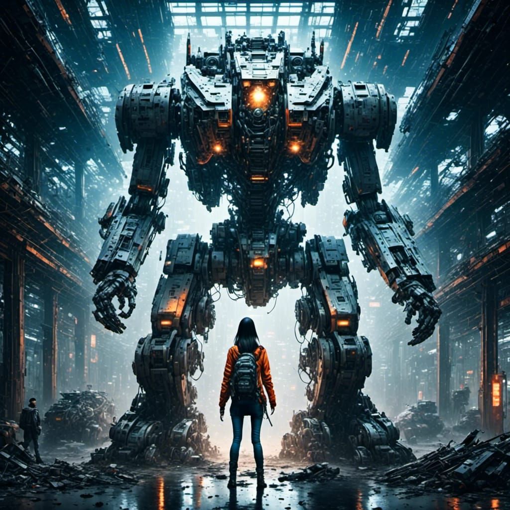 Giant Mech War Machine with Android Soldier