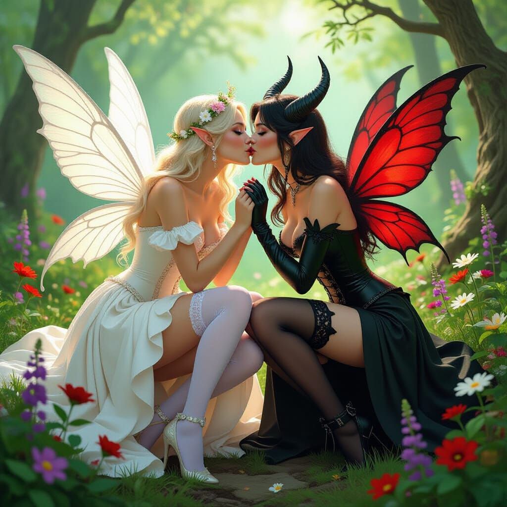 Angelic Kiss: Fairy, Angel, and Demon in Forest Glade