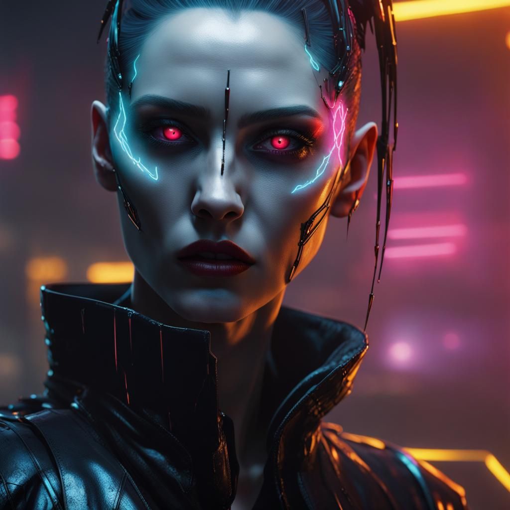 Cyberpunk Vampire Assassin in Dystopian Landscape