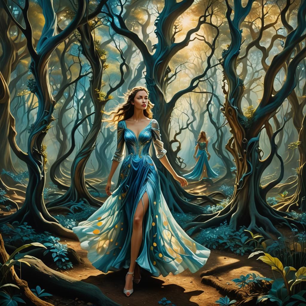 Woman in Magical Forest with Elves: Surreal Dreamscape