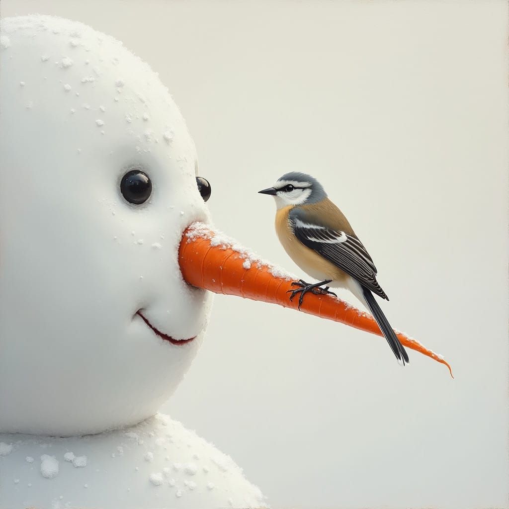 Serenely Contemplative Snowman and Bird in Muted Oil Paintin...