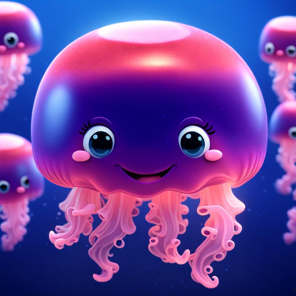 Smiling Pink Jellyfish in Dark Blue: 3D Digital Art