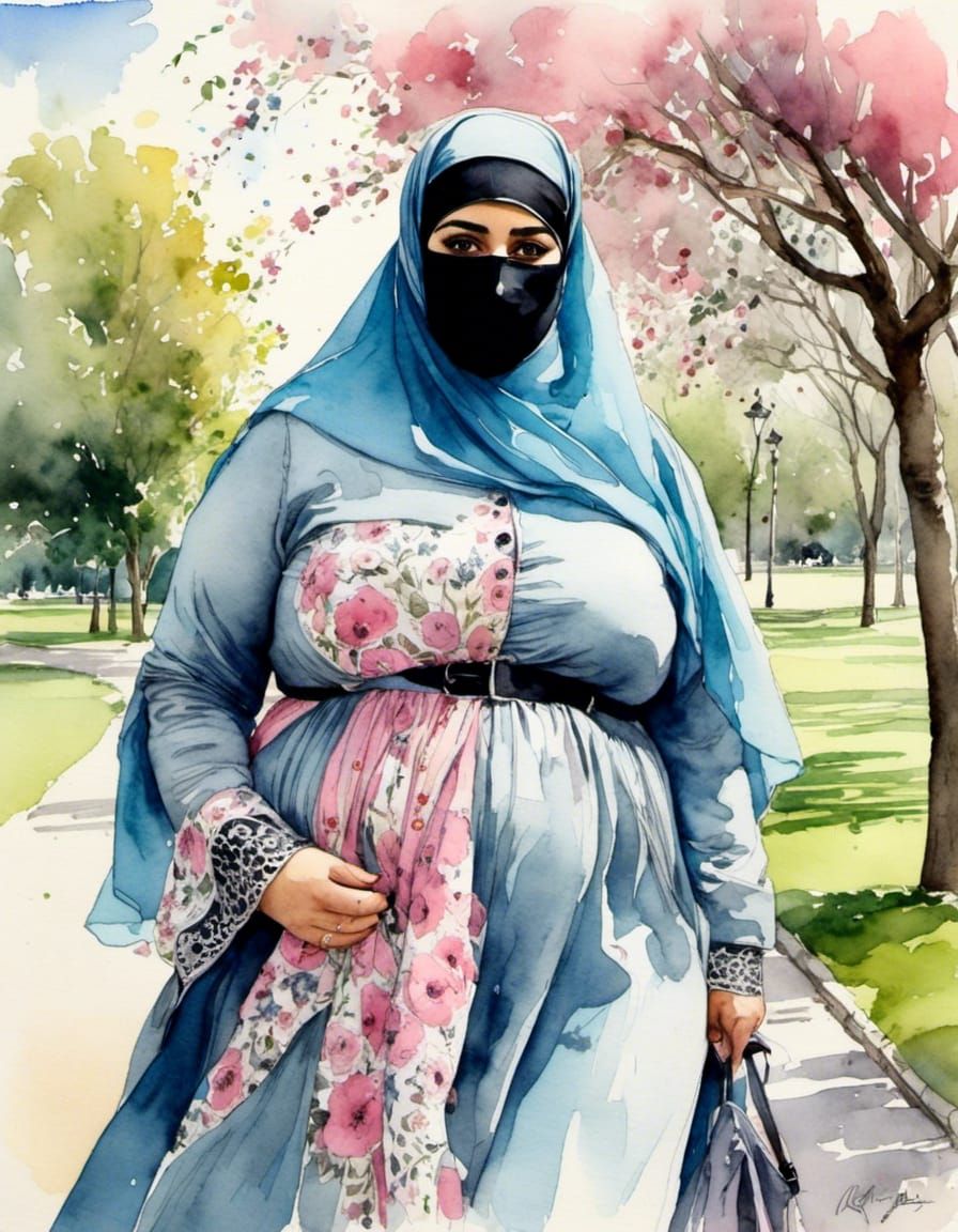 Middle Eastern Woman in Niqab, Watercolor and Ink