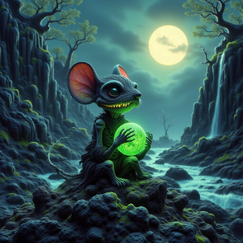 Skeletal Chibi Mouse Holds Glowing Orb in Dark Whimsical Sty...